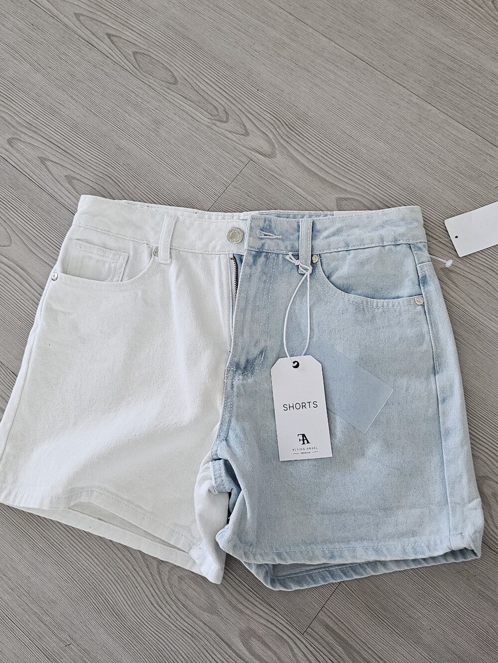 Two-Tone White and Light Blue Denim Shorts - Picture 2 of 4
